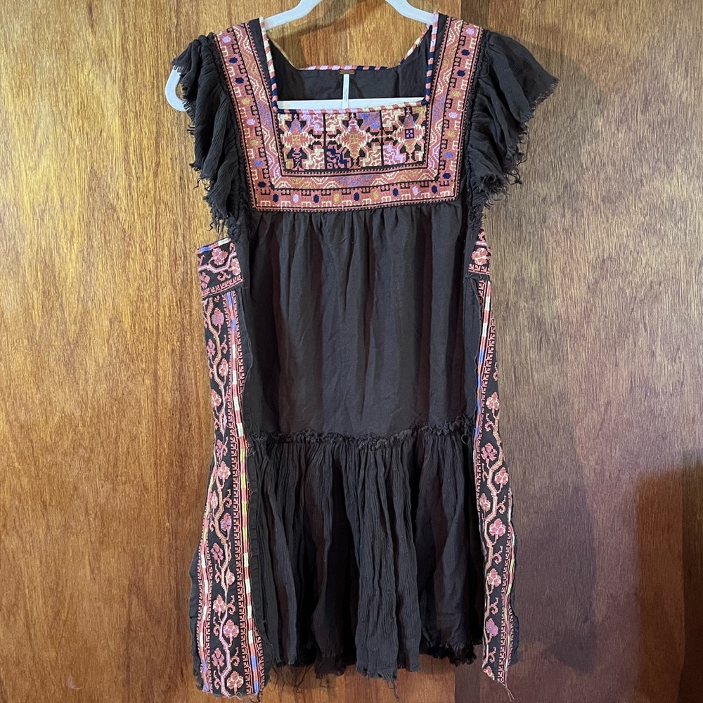 Free People Black Mini Dress with Pink & Tan Embroidery
